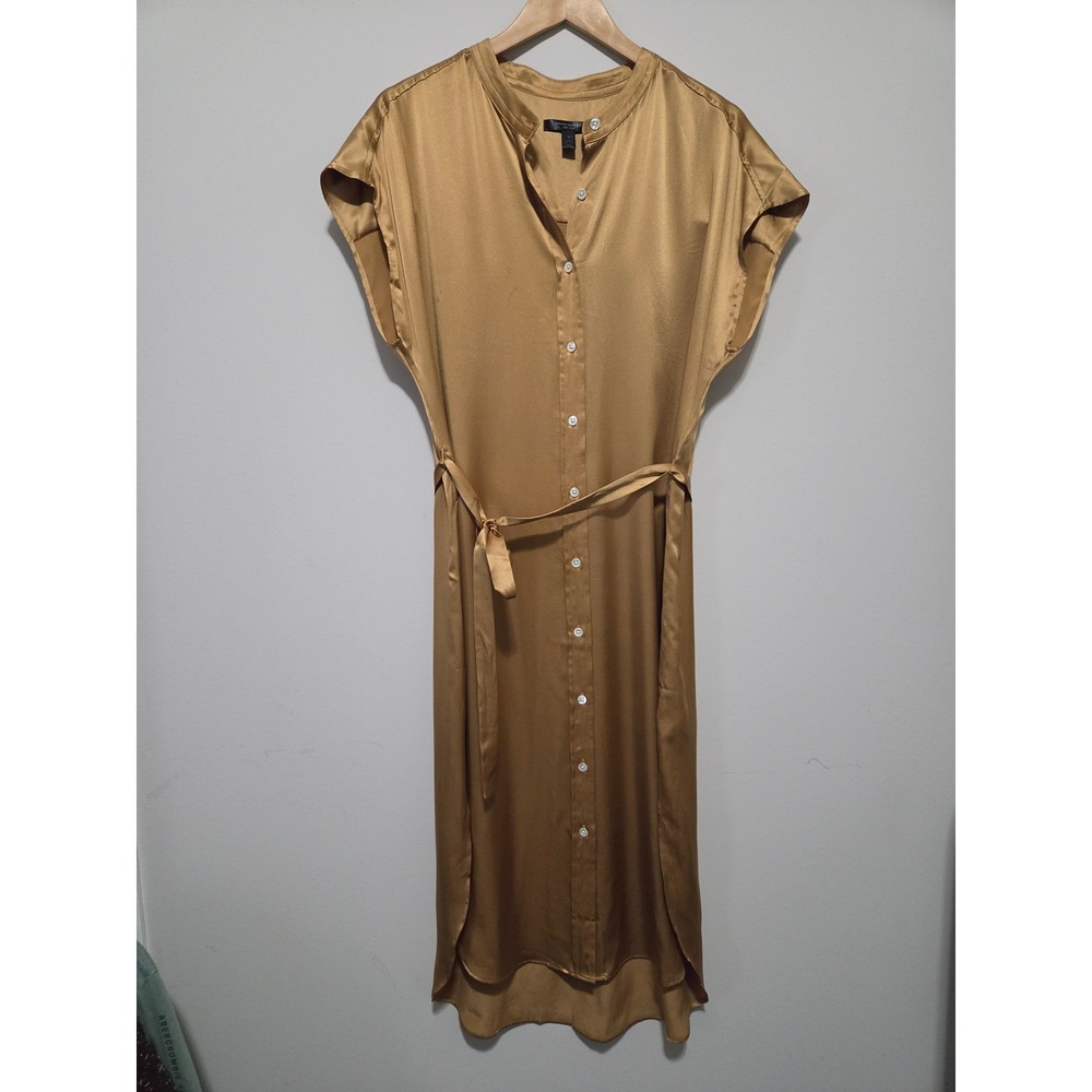 Banana Republic Gold Satin Midi Shirt Dress Short Sleeve Belted Size M